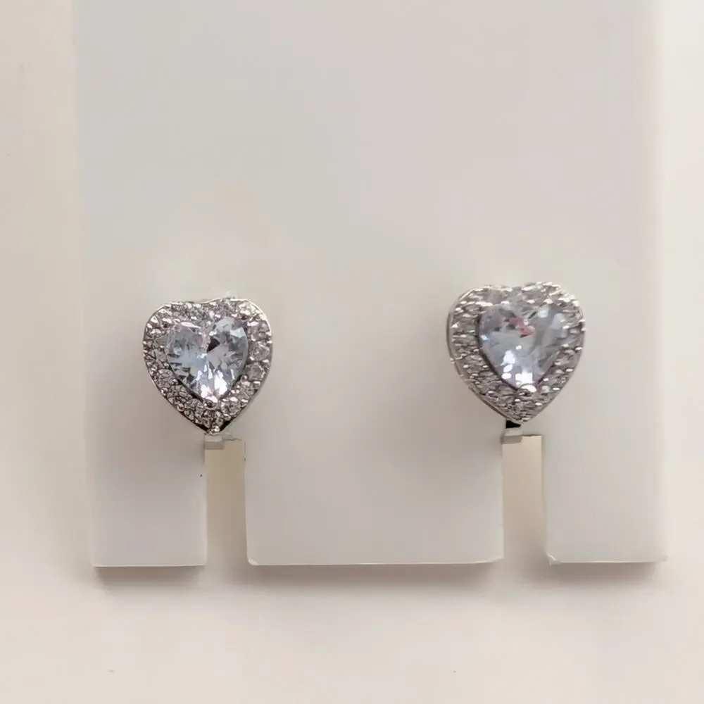 Vintage Silver Tone Stunning Halo Rhinestone Glass Heart Clip On Earrings